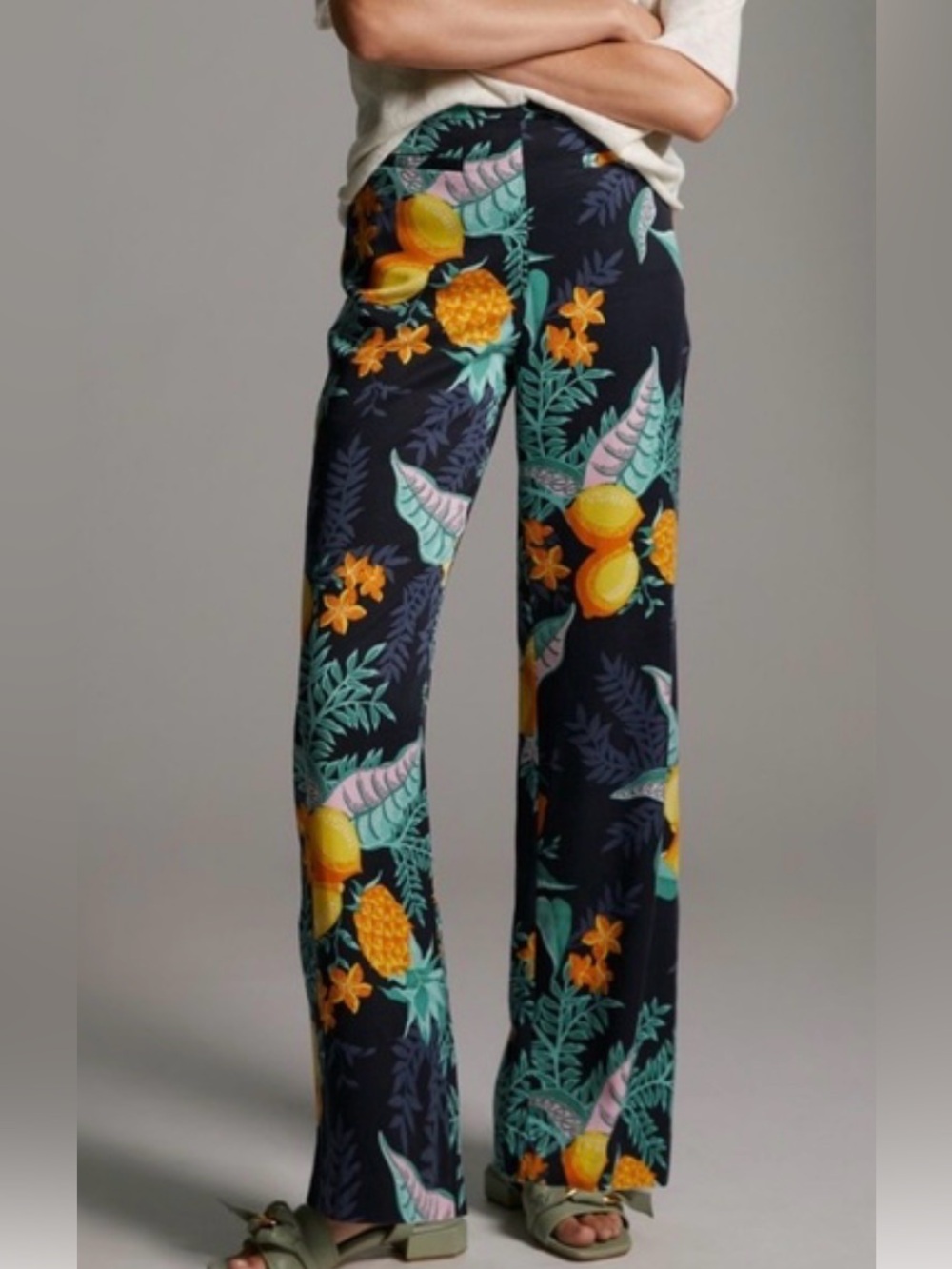 Anthropologie Maeve Navy Tropical Print Wide-Leg Pants